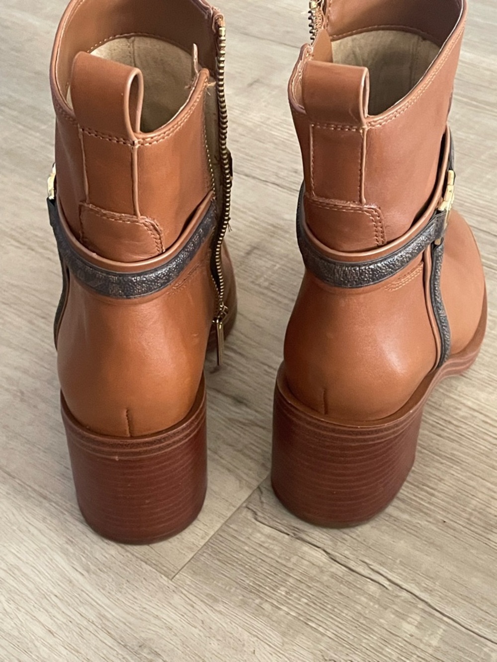 Michael Kors Cognac Leather Ankle Boots with Logo Harness - Picture 7 of 8